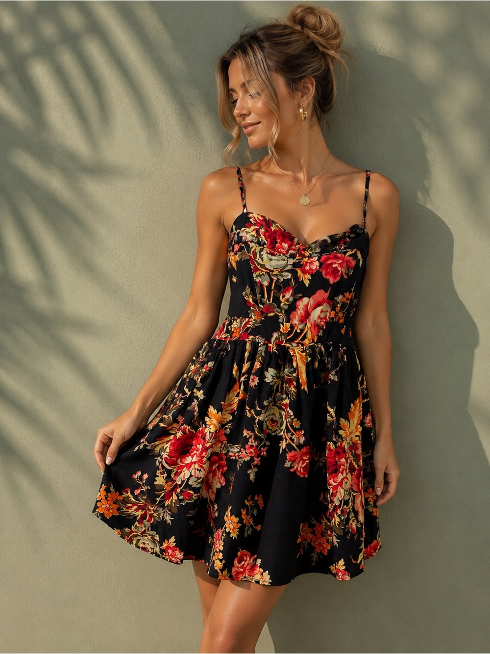 Black Floral Babydoll Dress | Smocked Back | Medium